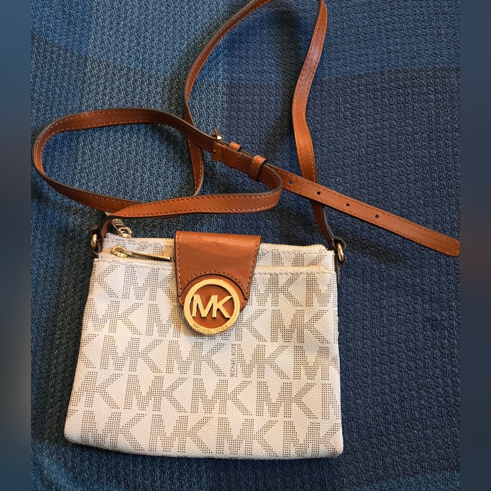 Michael Kors Brown and Cream Crossbody Bag with Monogram Design